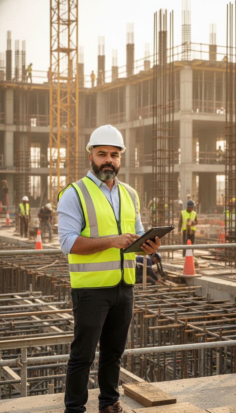 AI generated: A professional site engineer is standing at an active construction site during a routine site visit....