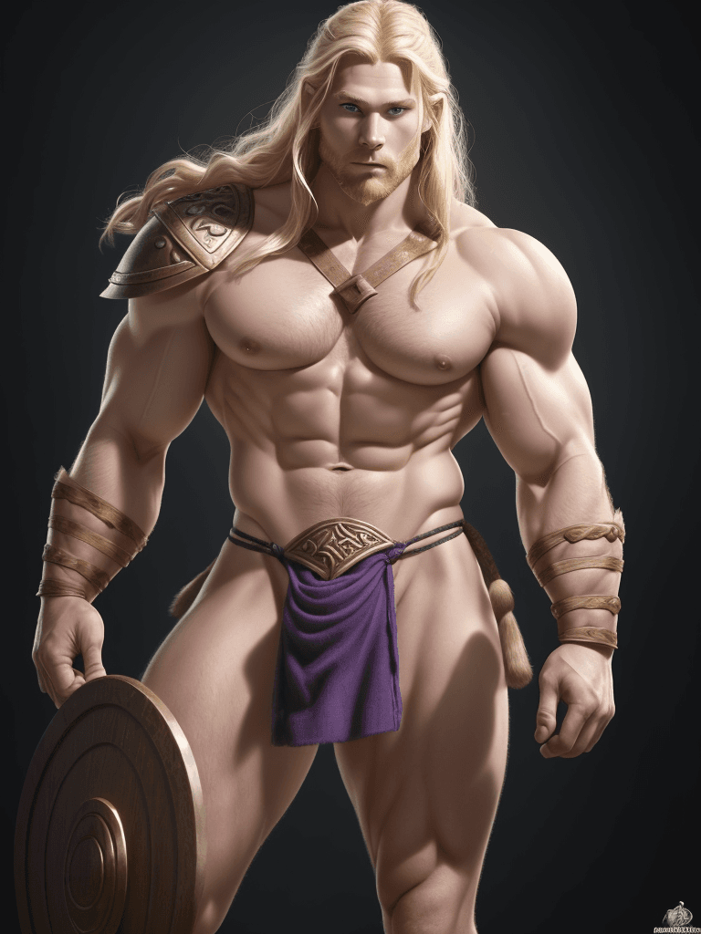 AI generated: Viking Warrior, caucasian complexion, big muscles and big thighs, blond hair, in his thirties, He we...
