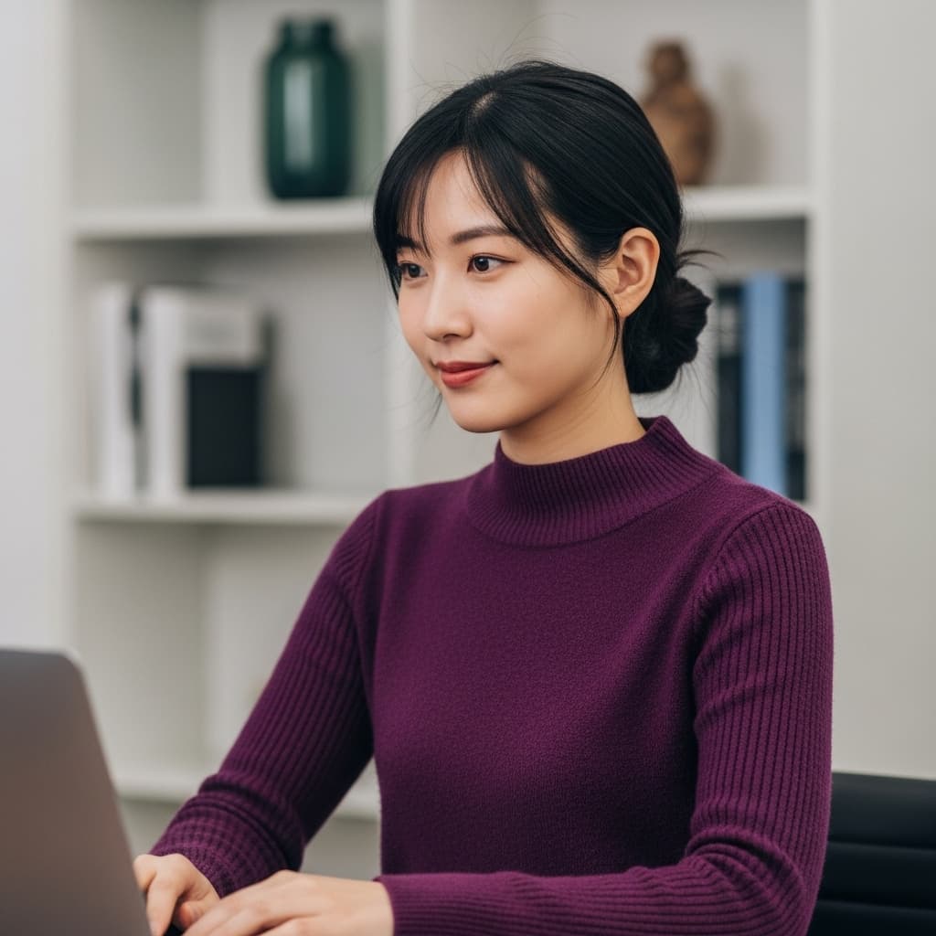 AI generated: Photo of a woman in an office, purple turtleneck, glasses, typing on a laptop. Studio soft lighting,...