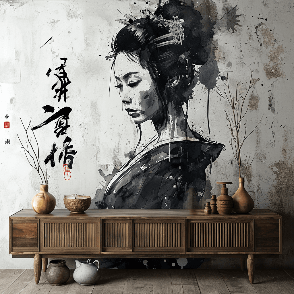 AI generated: female zombie geisha in ink on white matte vinyl wall sticker, in the style of anton mauve --s 250 -...
