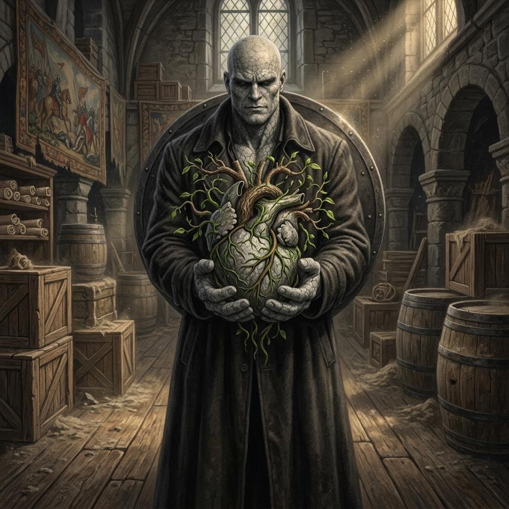 AI generated: a male stone golem warrior sits stands in an old dusty medieval warehouse holding his own stone hear...