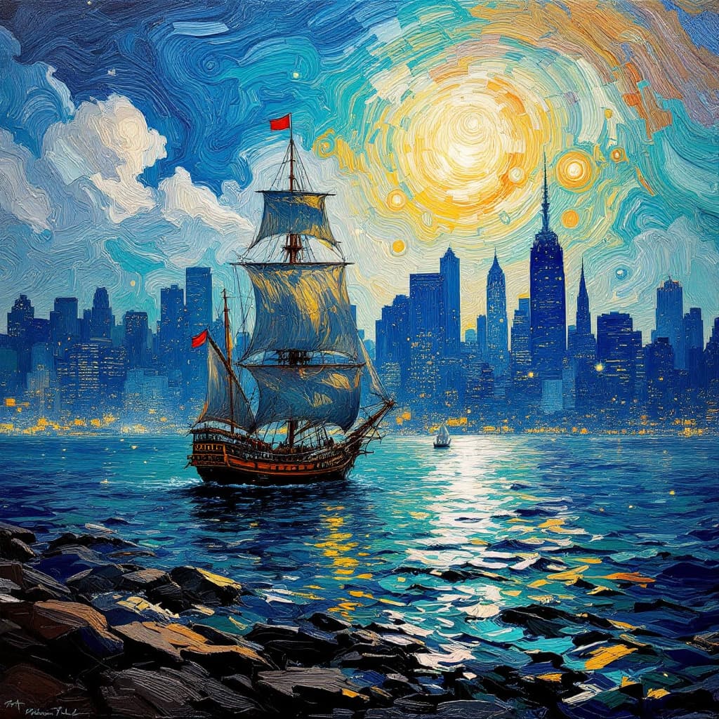AI generated:  Psychedelic, Surreal. An oil painting with heavy brush strokes. painting of Manhattan as seen from ...