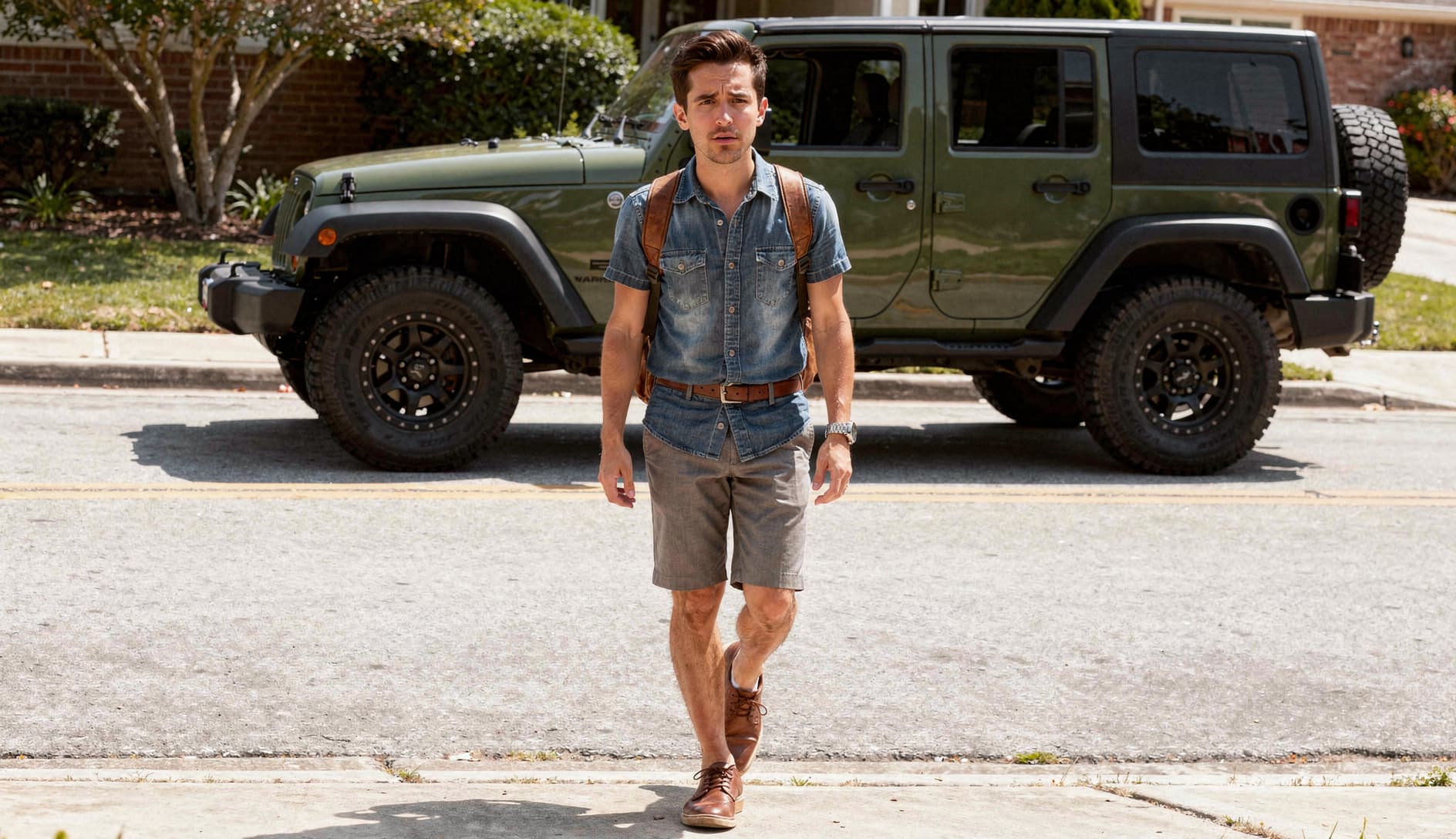 AI generated: In a sunny morning at a nice neighborhood. There's a green olive jeep with 4 doors dark windows and ...