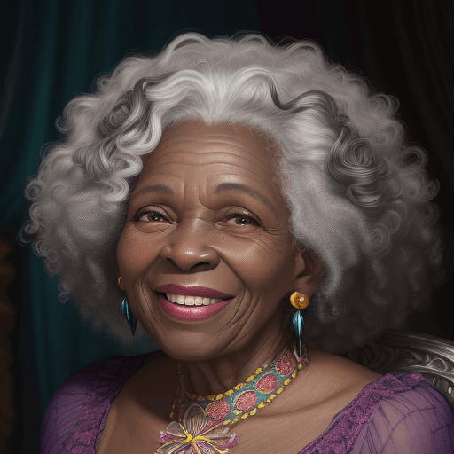AI generated: close-up of a laughing Jamaican grandmother, beautiful elderly female face, curly gray hair, muted c...