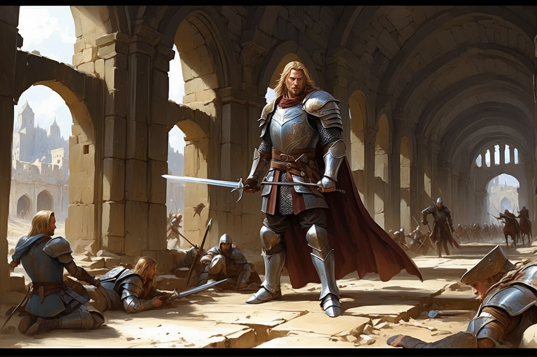 AI generated: "Digital Illustration, Capture the heroic moment of Prince Faramir from the Lord of the Rings movies...