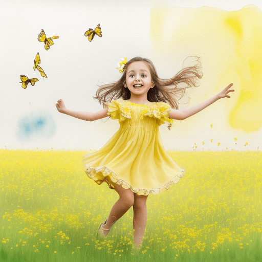 AI generated: High resolution photography wit beautiful girl 5 years old with yellow dress and yellow flowers she ...