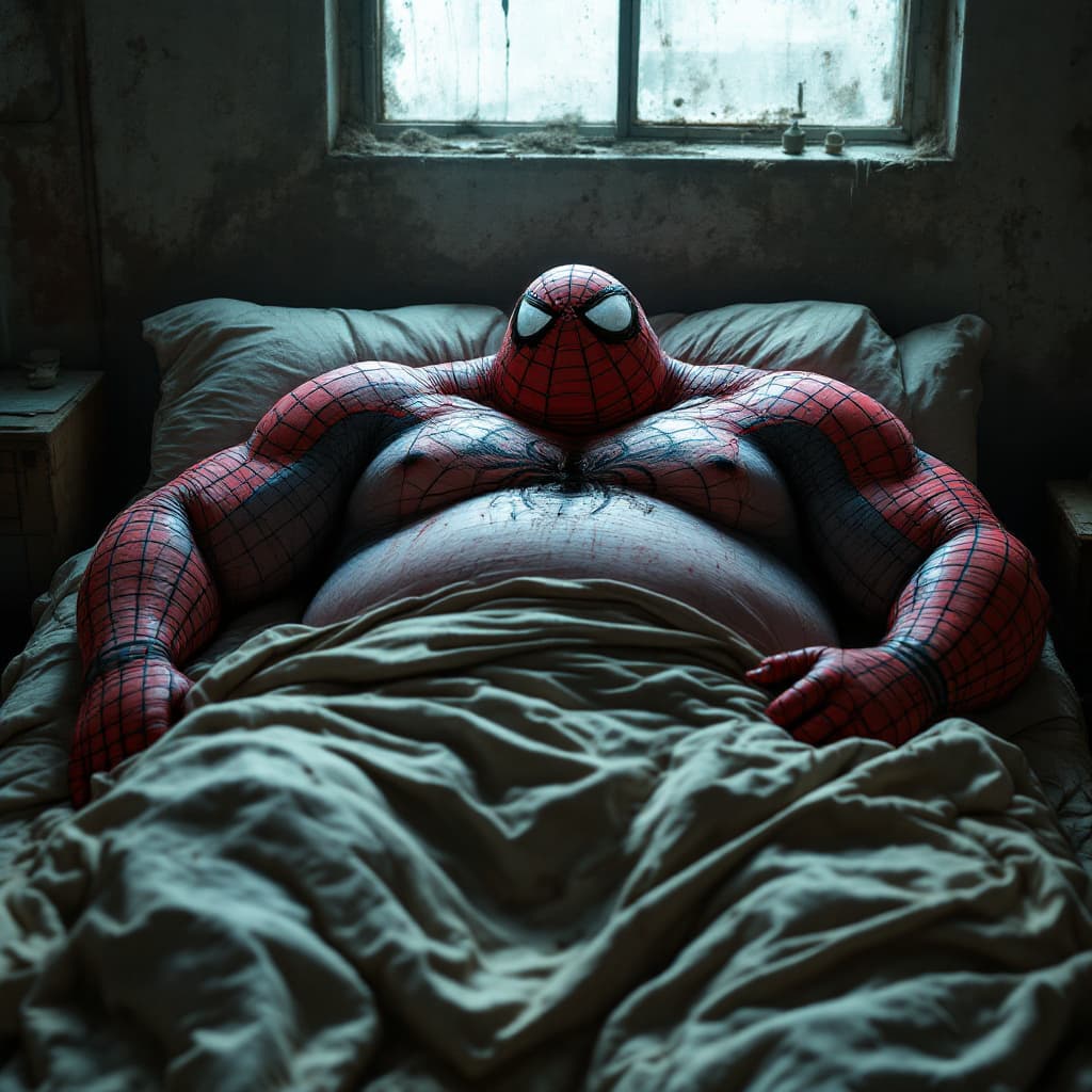 AI generated: wide shot of a zumo fighter  dressed , super fat spiderman,sketchy outfit, in a warehouse, sleeping ...