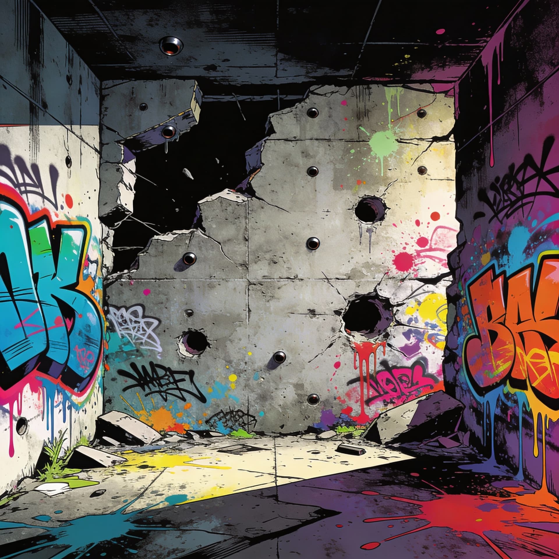 AI generated: pov front view of a 3d illustration of a concrete wall with bullet holes and destroyed wall segments...