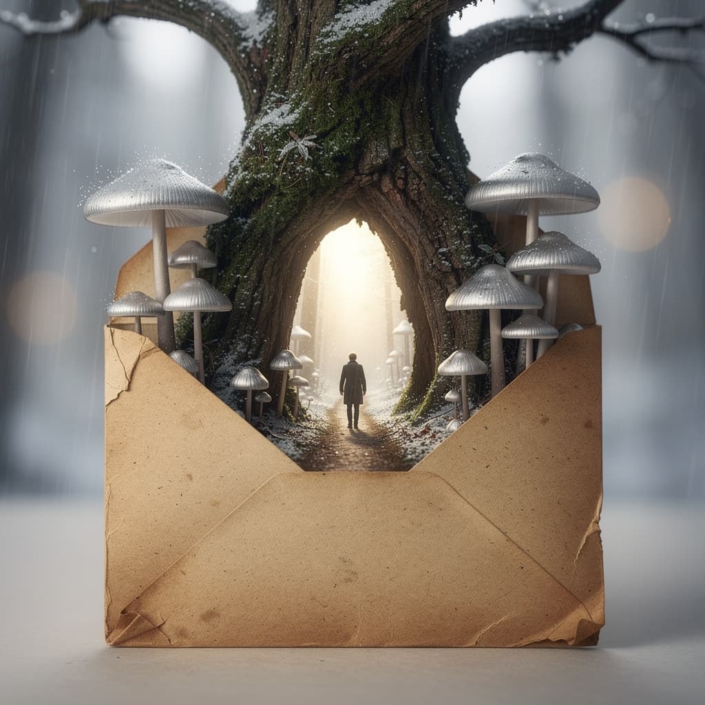 AI generated: A hyper-realistic, magical fantasy scene. A large, wintry tree gateway grows out of an opened, old e...