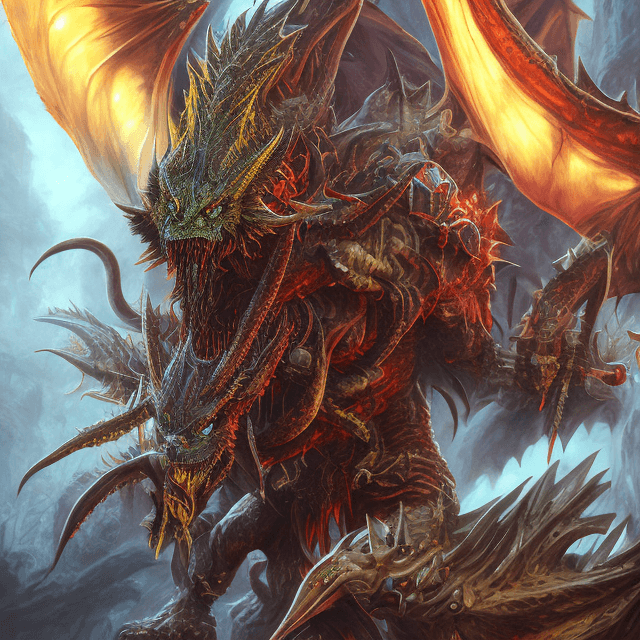 AI generated: Demonic ork predator with dragon wings, full body shot, sharp yellow fangs, red spikes on head, blue...