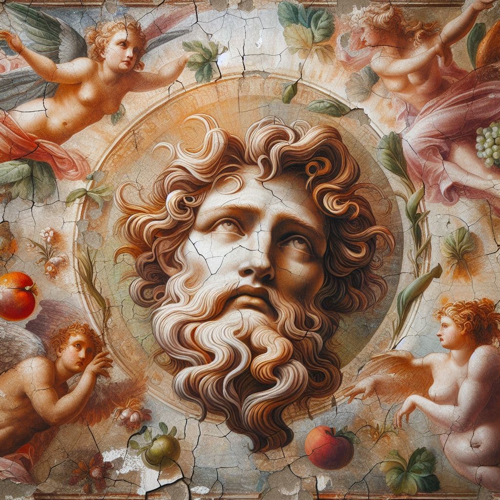 AI generated: Renaissance fresco in style of Michelangelo. Paradise, Adam and Eve. Fragile paintings with cracks a...