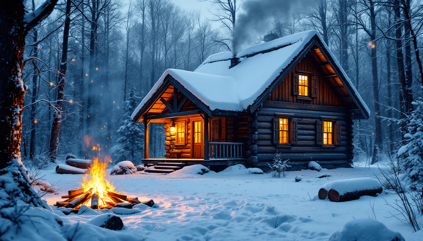 AI generated: Picture a cozy log cabin nestled deep in a tranquil winter forest, the snow blanketing the ground in...
