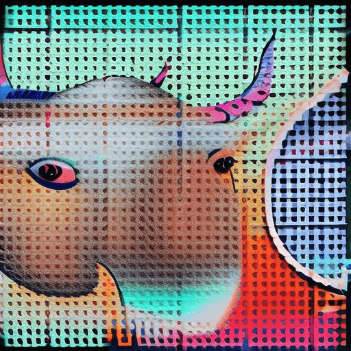 AI generated: Hawaiian artists, modern portrait series of a nelore cattle in colorful wear, in the style of aggres...