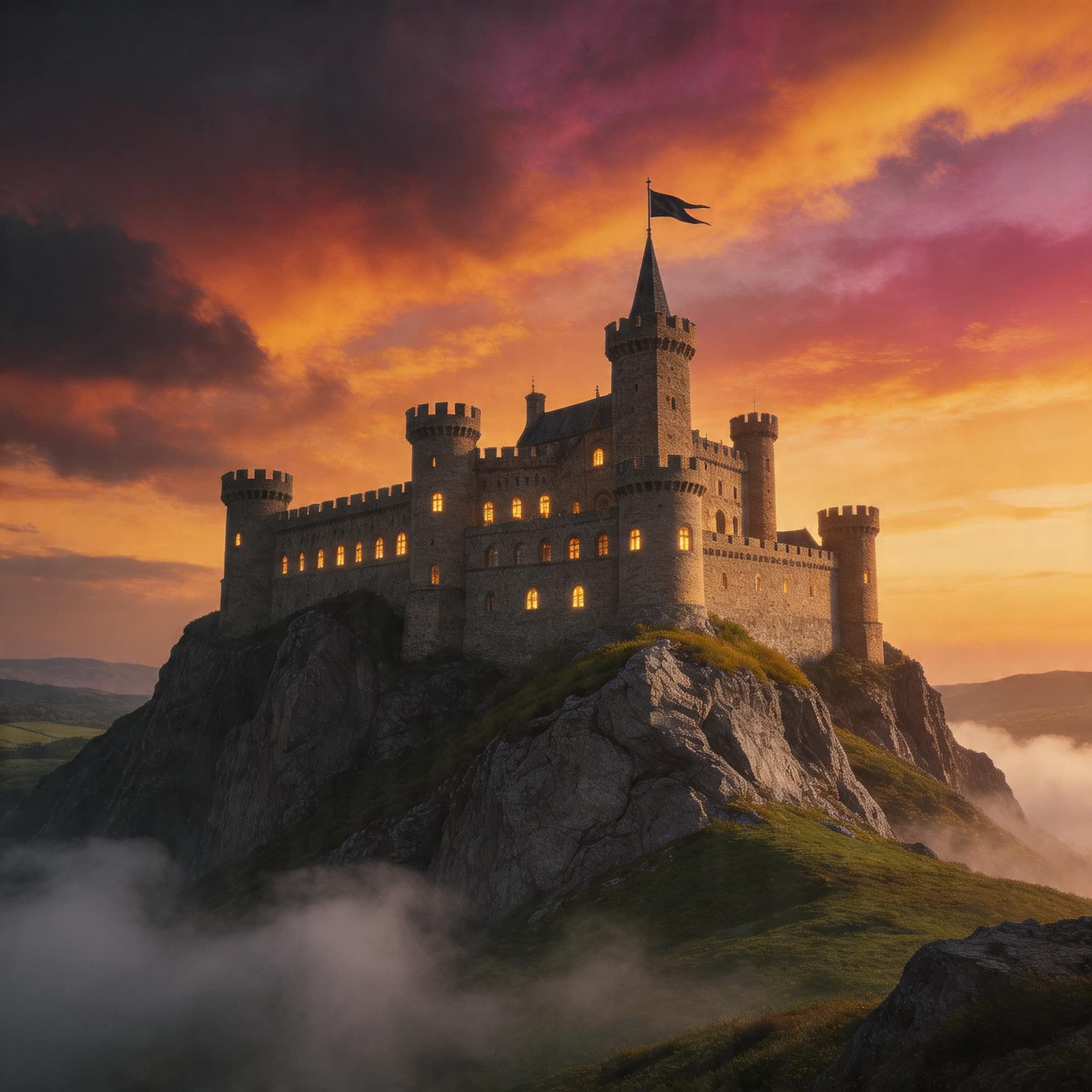 AI generated: A picture of a castle on a rocky hill with a movie-like feel.