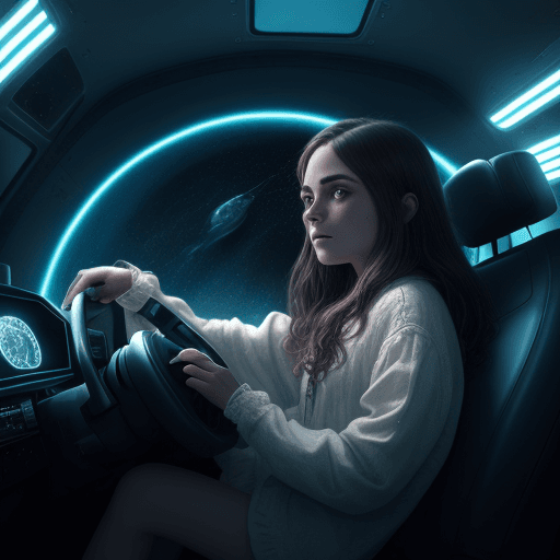 AI generated: noa kirel driving on a spaceship to the moon ; 8k, intricate detail, photorealistic, realistic light