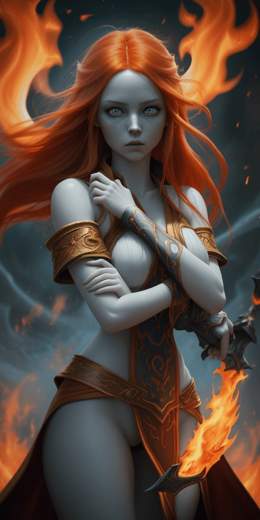AI generated: An outstanding painting of a beautiful white girl, flaming, surrounded by flames, dota2 fire girl st...
