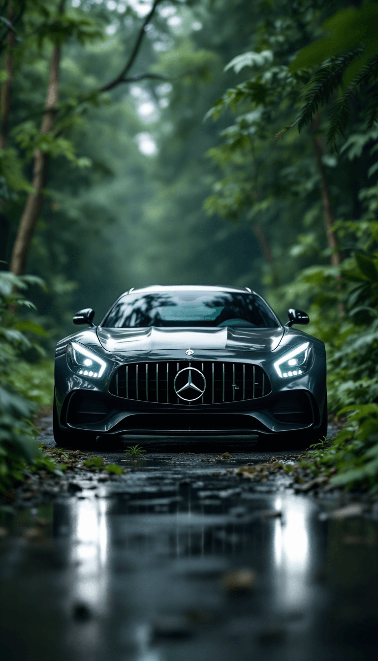 AI generated: High automotive symmetrical close-up portrait shoot of a black mercedes-amg GT standing in the jungl...