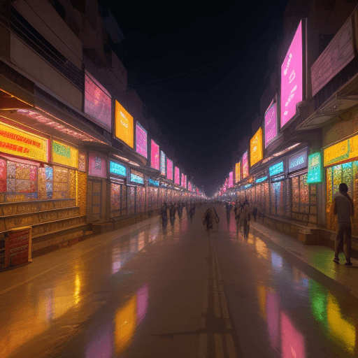 AI generated: Hyper Realistic Indian Streets with an adult video streaming shop to the right. Busy Street with mod...