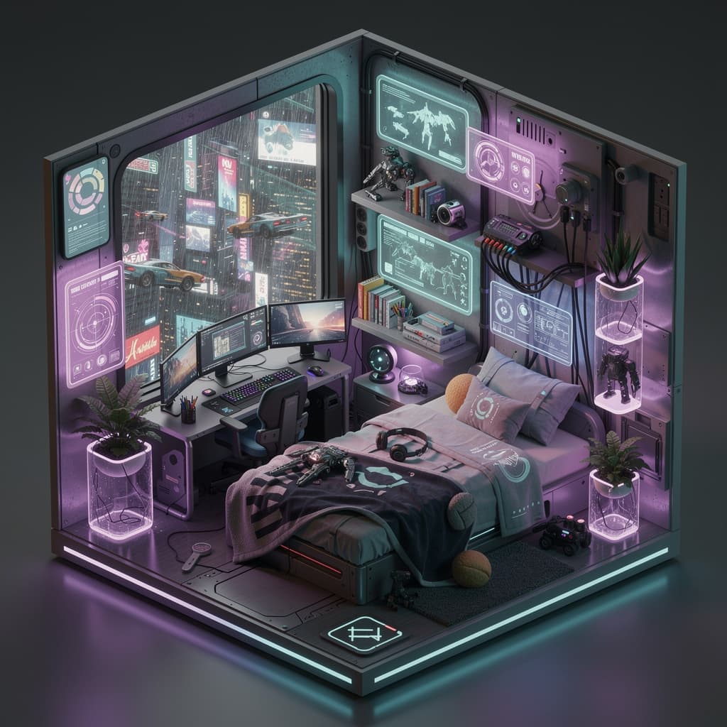 AI generated: cute isometric cyberpunk bedroom, cutaway box, futuristic, highly detailed, made with blender --v 4