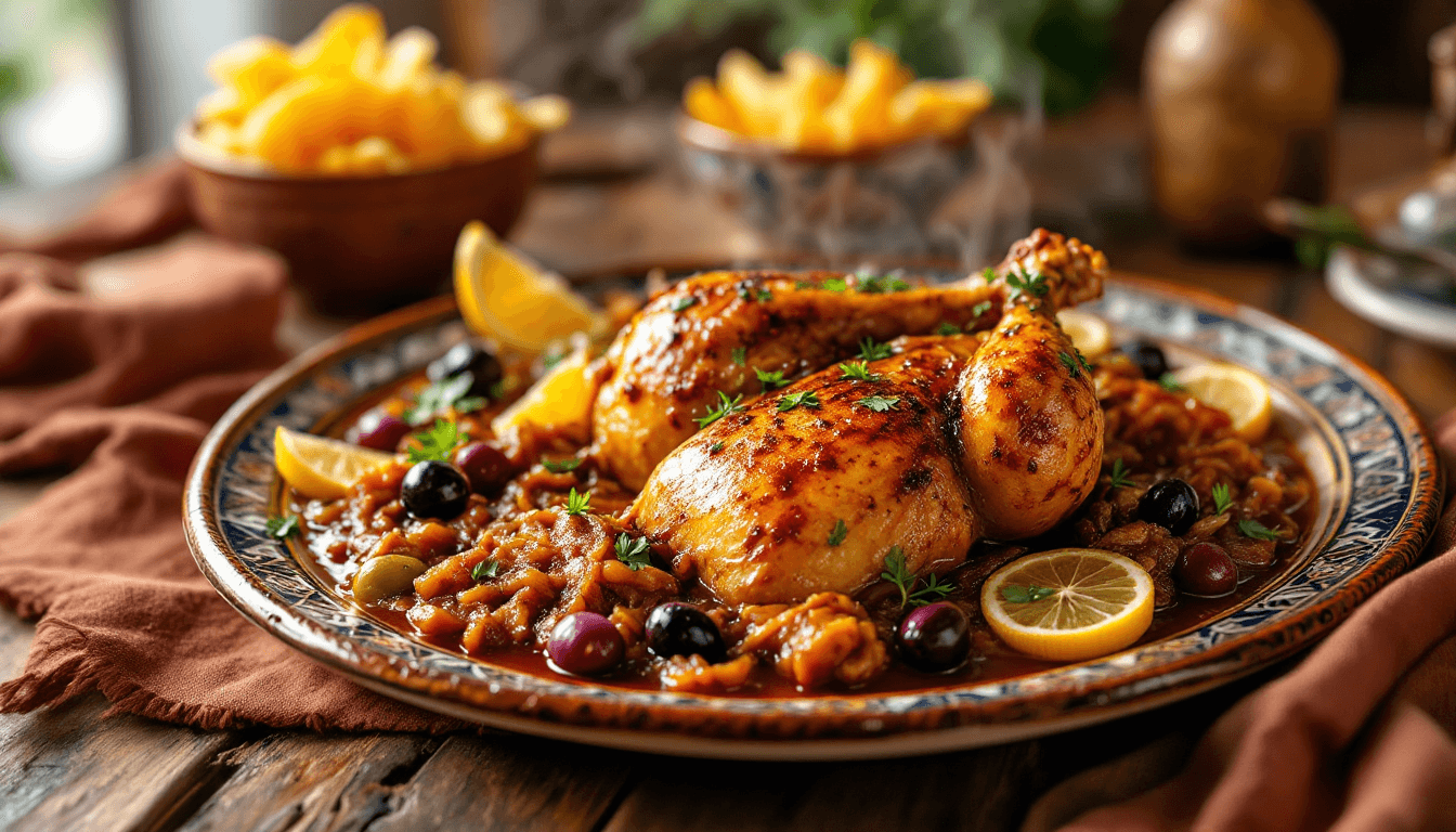 AI generated: A beautifully arranged Moroccan dish featuring golden roasted chicken, placed on a large traditional...