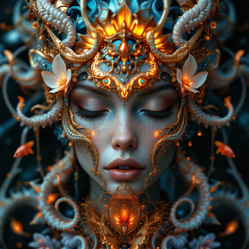 AI generated: Goddess close-up portrait ribcagel. jellyfish phoenix head, nautilus, orchid, skull, betta fish, bio...