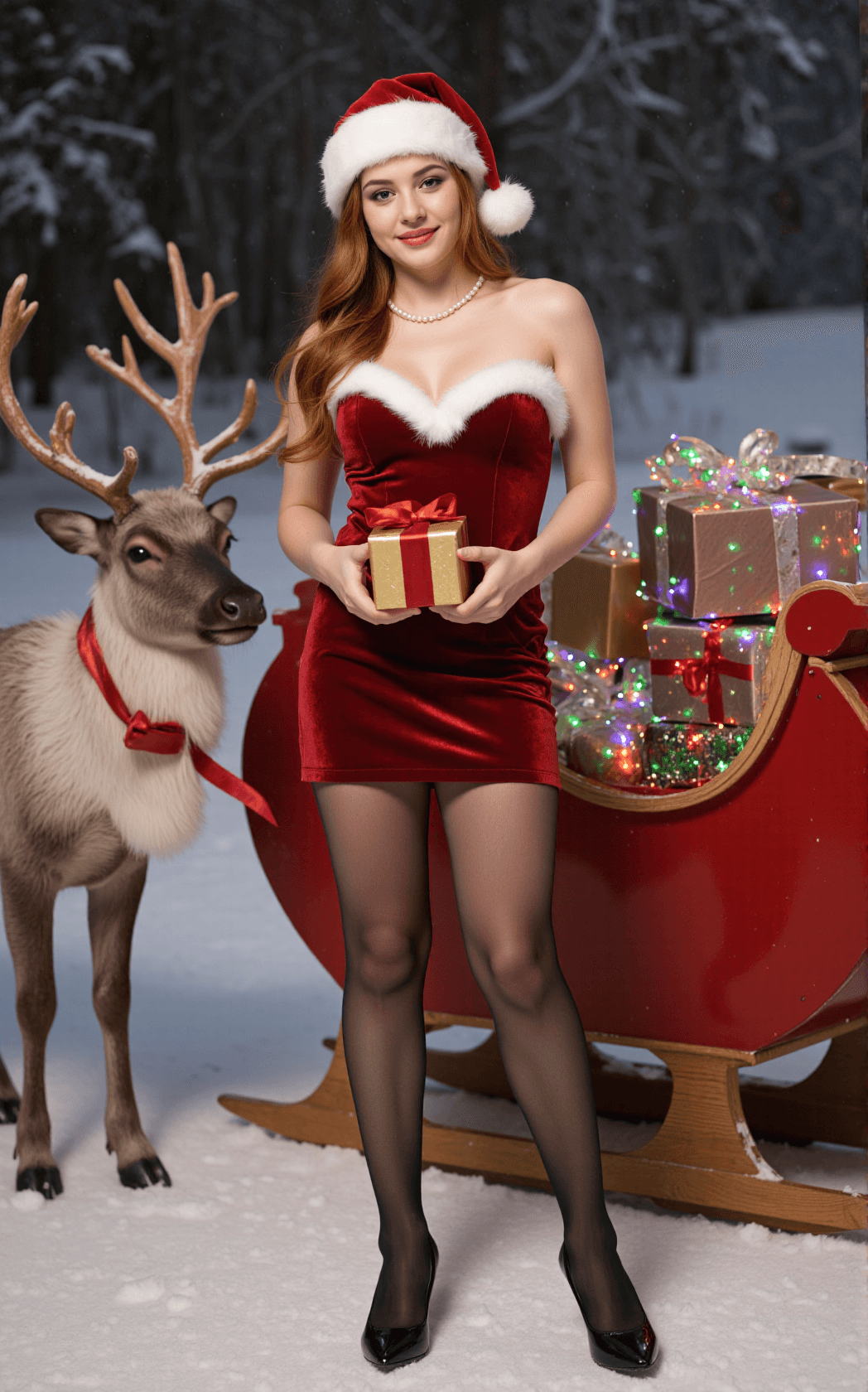 AI generated: A radiant young female stands at the heart of the scene, confident and playful, her hourglass figure...