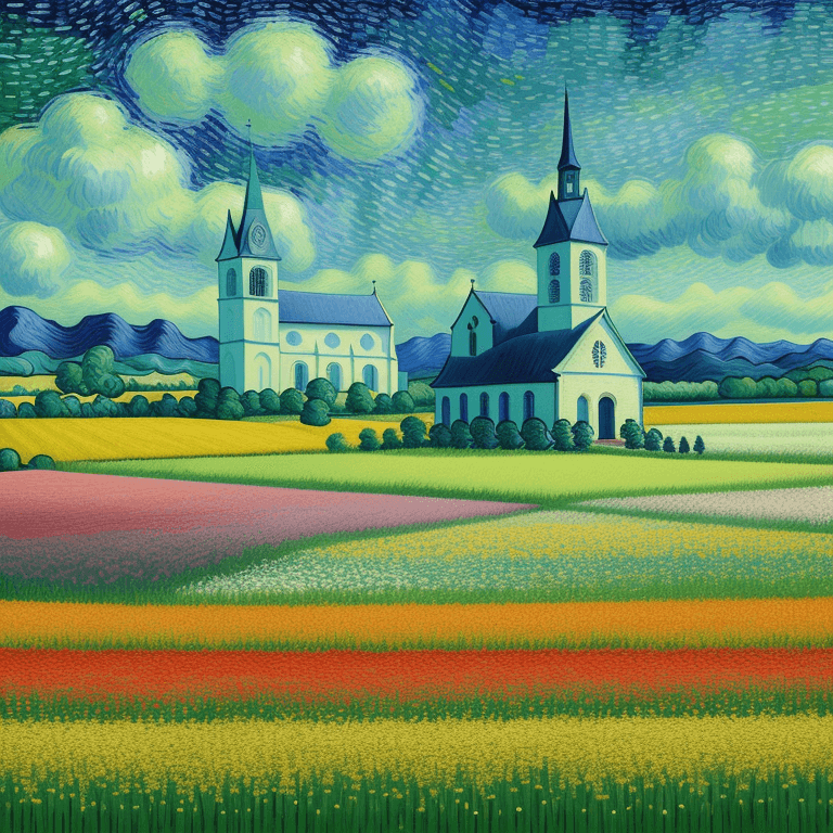 AI generated: Imaginative and new landscape of field with flowers and church in a vivid van-Gogh style. 