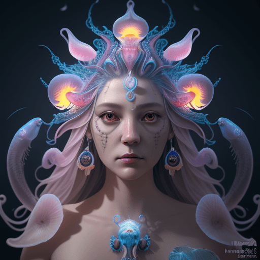 AI generated: Goddess close-up portrait ribcagel. jellyfish phoenix head, nautilus, orchid, skull, betta fish, bio...