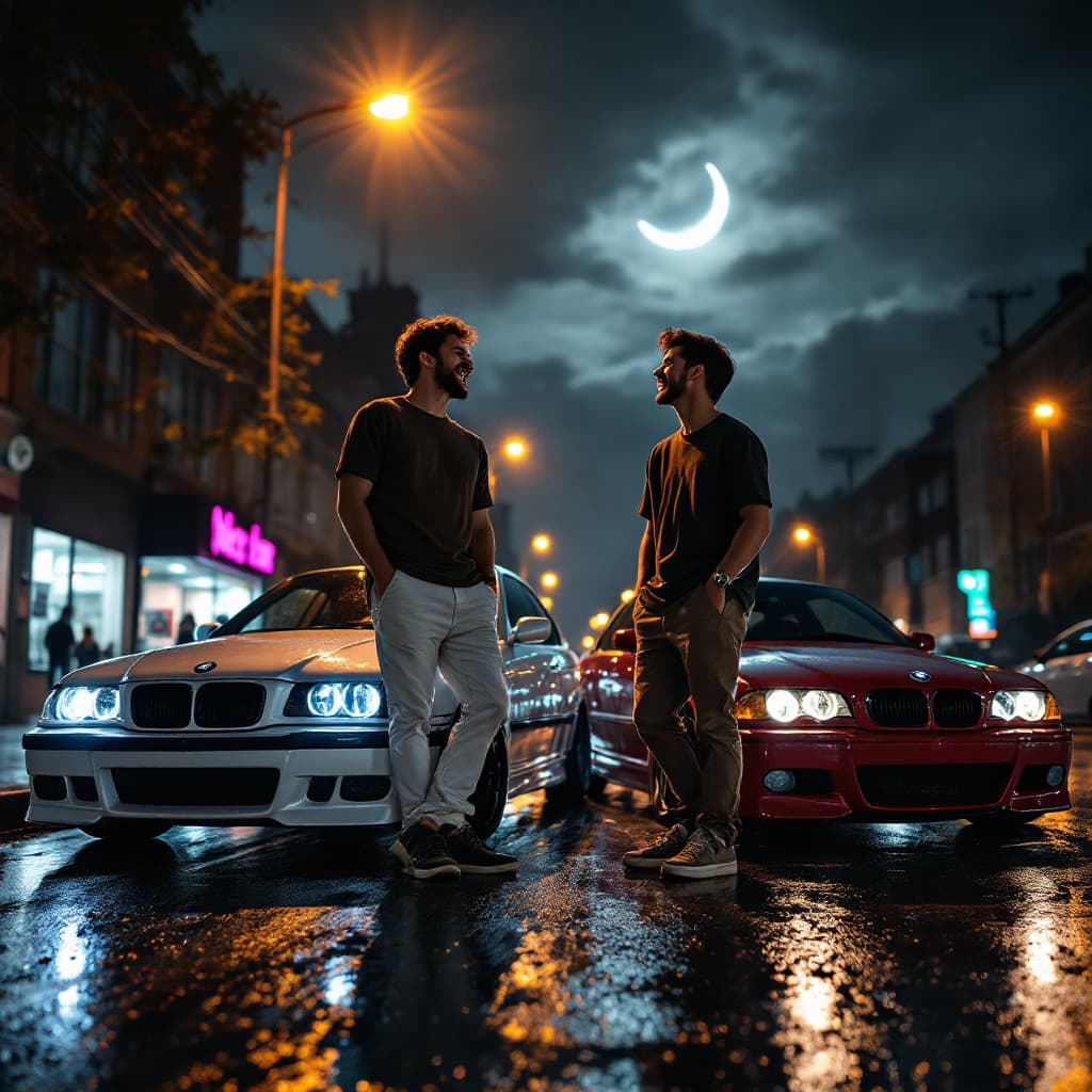 AI generated: Two brothers mid-laugh under a flickering amber streetlight at 3 AM. Older wears a coffee-brown tee ...
