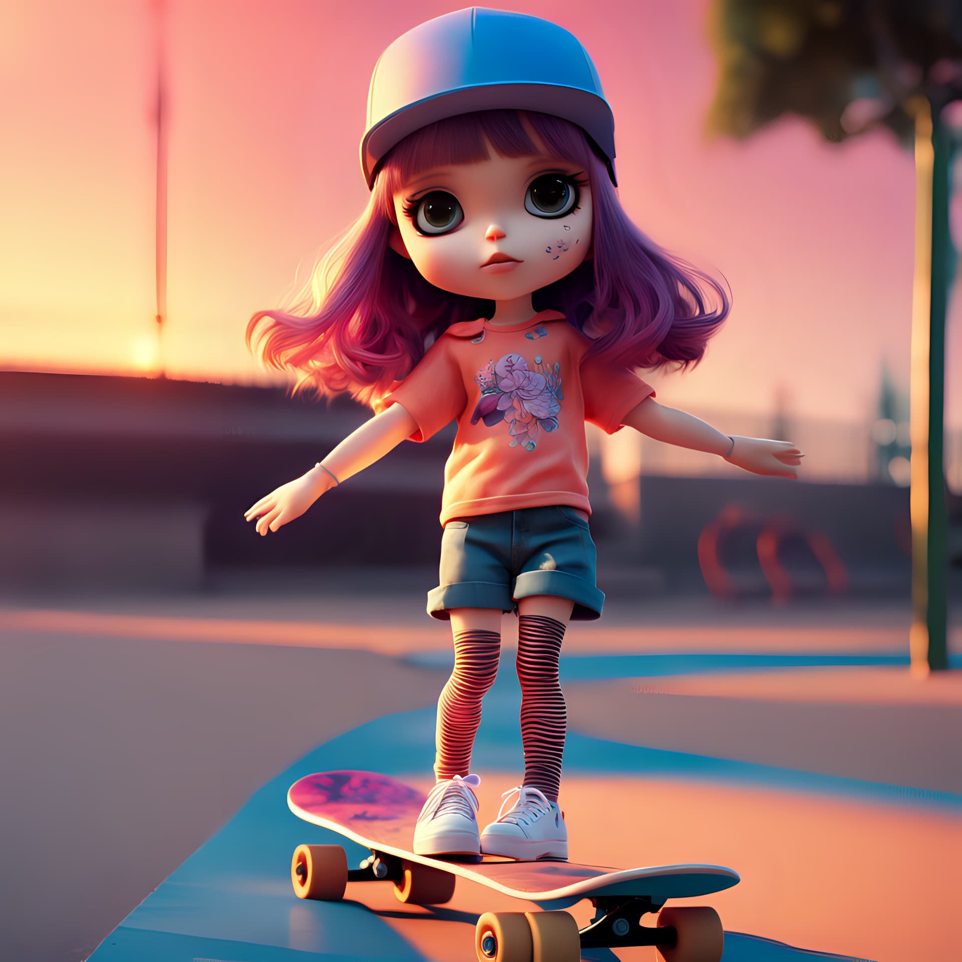 AI generated: anime artwork of a blythe doll at a skateboard at sunset in a skatepark , performing a spectacular G...