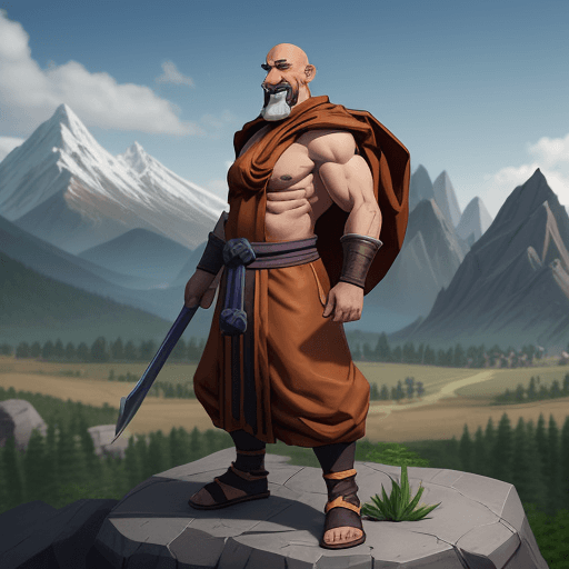 AI generated: Make a battle Monk. 1.95 meters tall. Model him after Braum from league of legends. He has no weapon...