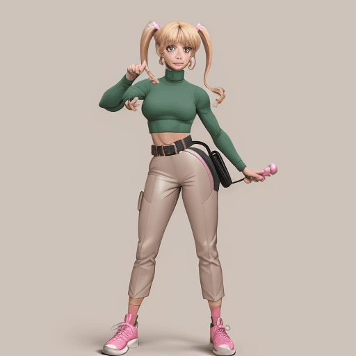 AI generated: penny from gadget and the gadgetinis  blonde hair blue eyes twintails  long sleeve green turtleneck ...