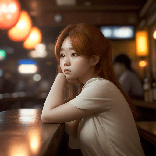 AI generated: girl in the bar looking away, in the style of hallyu, soft, romantic scenes, zeiss batis 18mm f/2.8,...