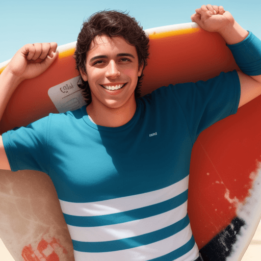 AI generated: Joven de 30 años en llamada y sonriente surfeando