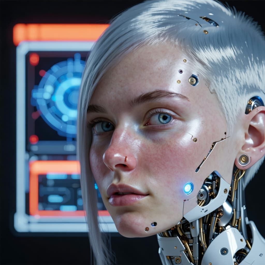 AI generated: Ultra realistic portrait photography of a young adult woman, clearly human, with subtle cyborg impla...
