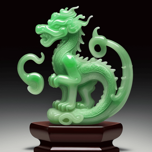 AI generated: beautifully carved jade heavenly Chinese dragon, wise face, hand carved nephrite jade, museum photo,...