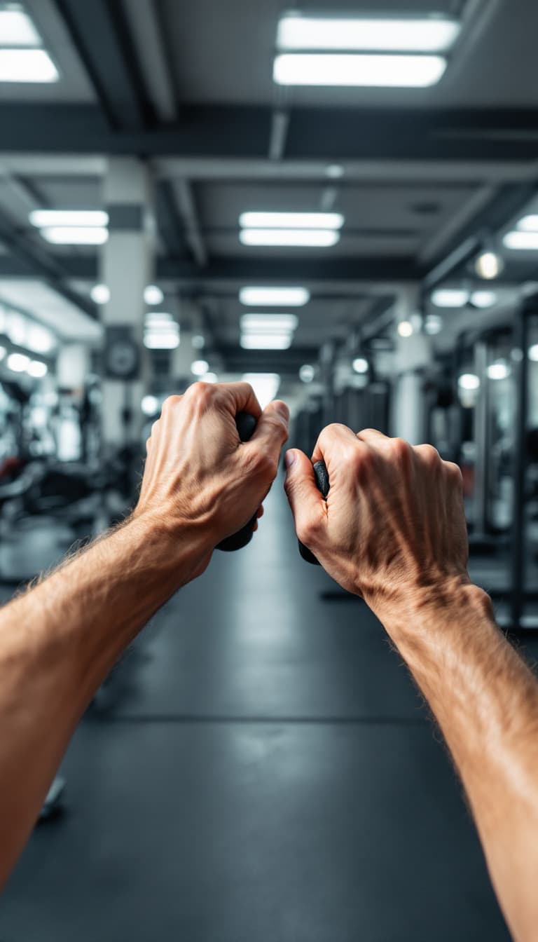 AI generated: POV first-person, I am working out in a gym. Only my hands are visible in the frame.

The gym has a ...
