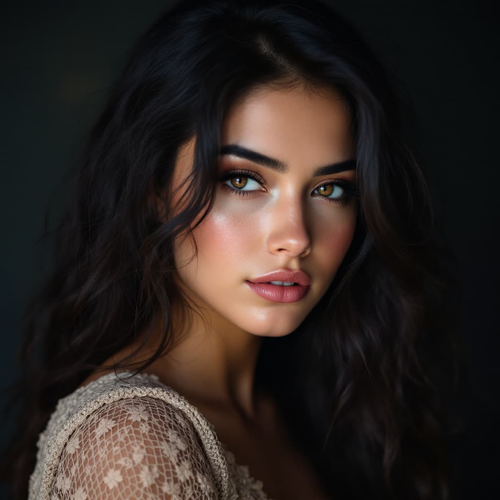 AI generated: portrait of hot 21 years old latina girl, with black brunette hair and brown hazel eyes, she has so ...