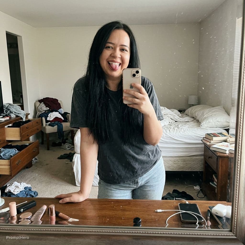 AI generated: A 22 year old white woman takes a mirror selfie in a messy bedroom.

The woman has her phone in one ...