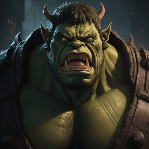 AI generated: body portrait, very angry Hulk orc, intimidating, menacing, powerful, low angle, horror, octane rend...