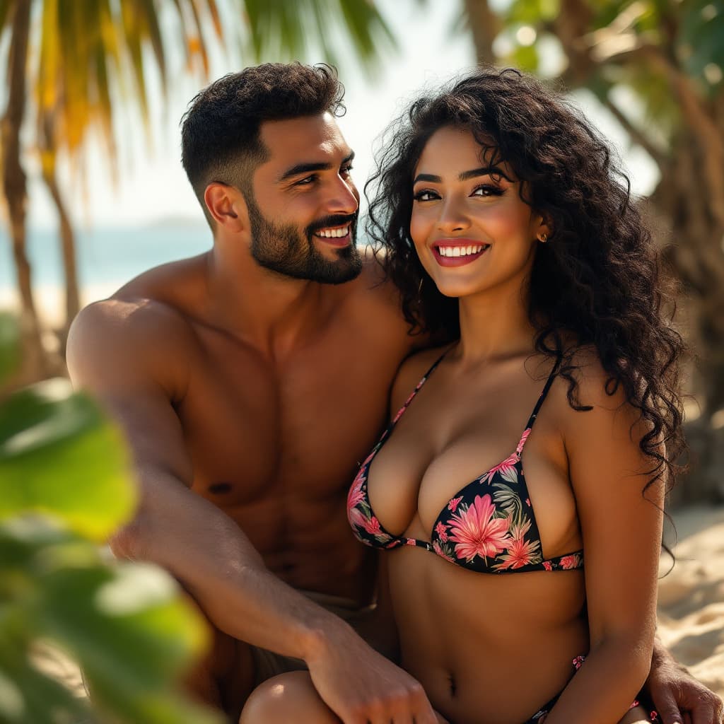 AI generated: hot Indian smiley sexy muscular plus size woman with a handsome athletic lean clean shaven man by he...