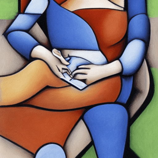 AI generated: cubism detail art. a woman wearing a blouse, dark blue jeans, brown sandals, is sitting on a bench i...
