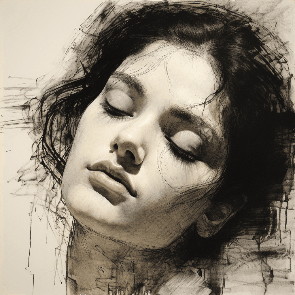 AI generated: simple pencil sketch by Odilon Redon, drawing, face only, a gorgeous woman, side angle, hint of a sm...