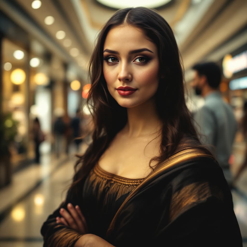 AI generated: A woman looking like mona lisa in a shopping mall.