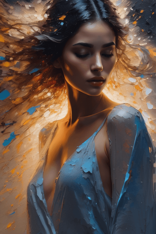 AI generated: A beautiful woman created from random paint blotches and brush strokes, eyes open, oil painting, slo...