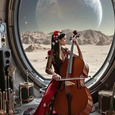 AI generated video: the woman play the cello, the planet moving in the sky slowly