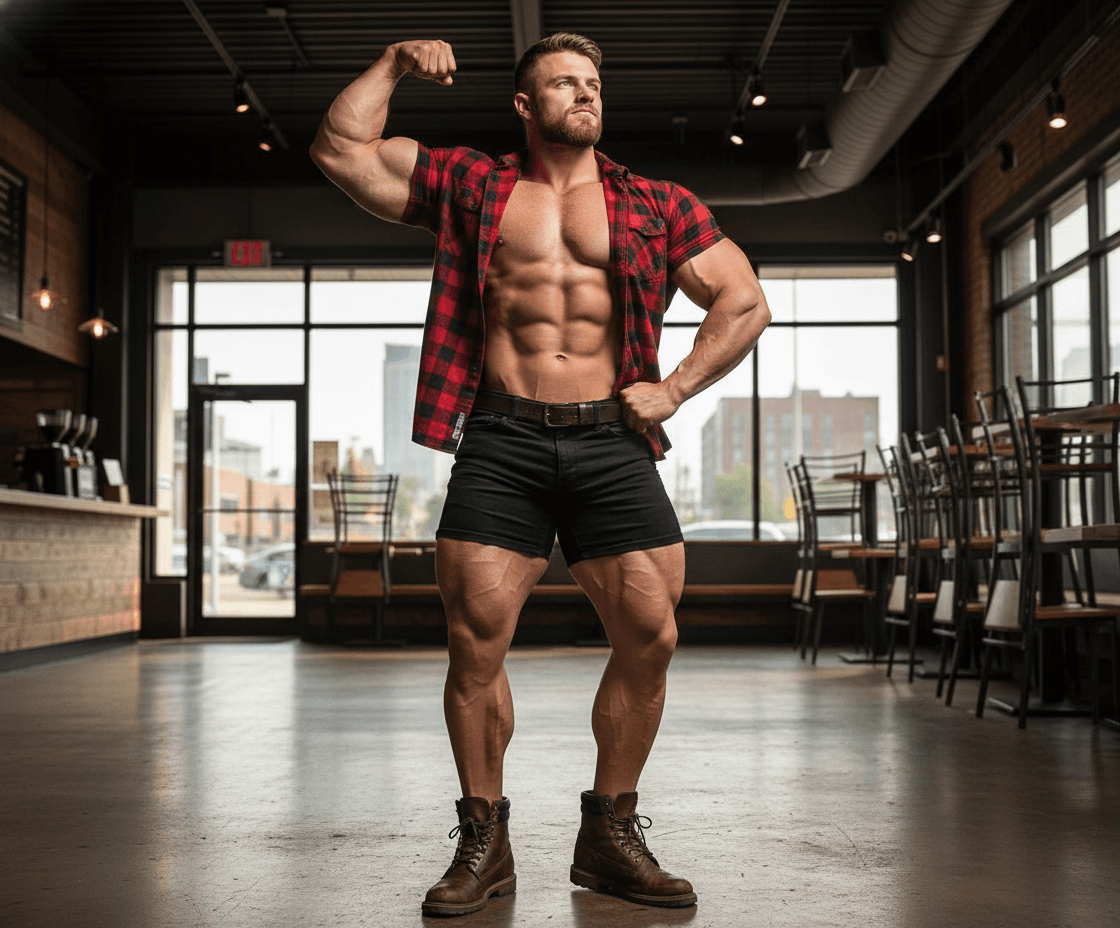 AI generated: At a coffee shop with no customers, the bodybuilder is 6'4" tall, he has huge muscular shoulders and...