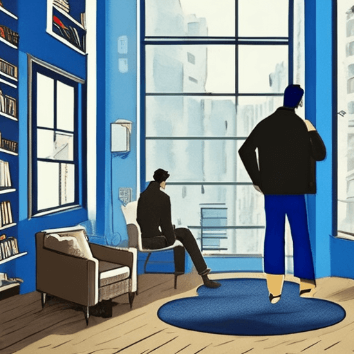 AI generated: An urban apartment, blue-tinged, where a record player is spinning while a man silhuetted in the bac...