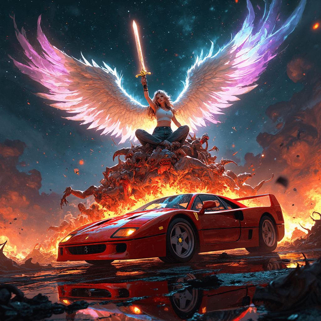 AI generated: A dynamic and chaotic scene (1.7) in the style of Makoto Shinkai (1.5), depicting an archangel ascen...