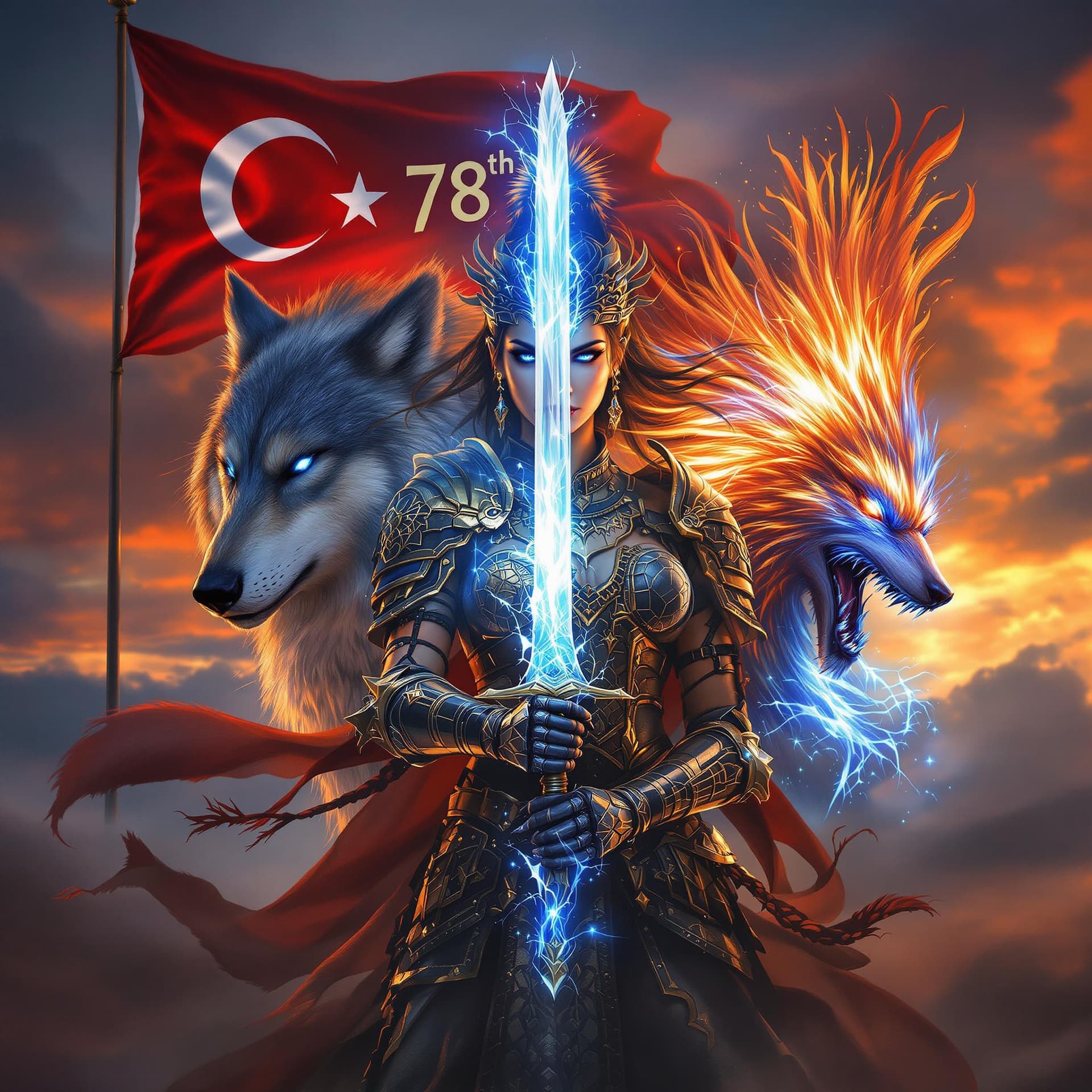AI generated: A fierce lady warrior clad in traditional armor inspired by ancient Turkish mythology, holding a swo...